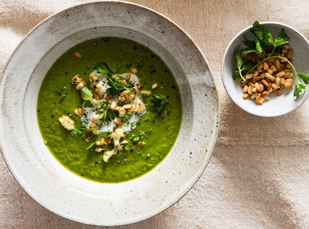 Cauliflower Kale Soup with Toasted Pine Nuts